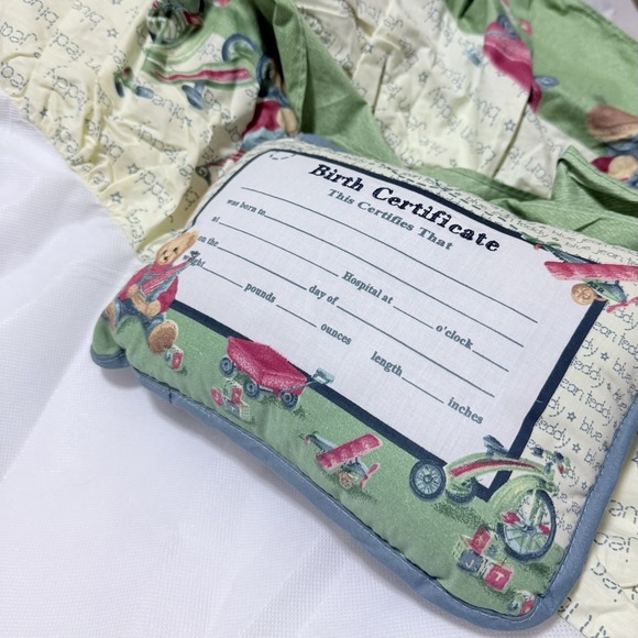 VTG NWOT Blue Jean Teddy Crib Skirt/Dust Ruffle & Birth Certificate Pillow